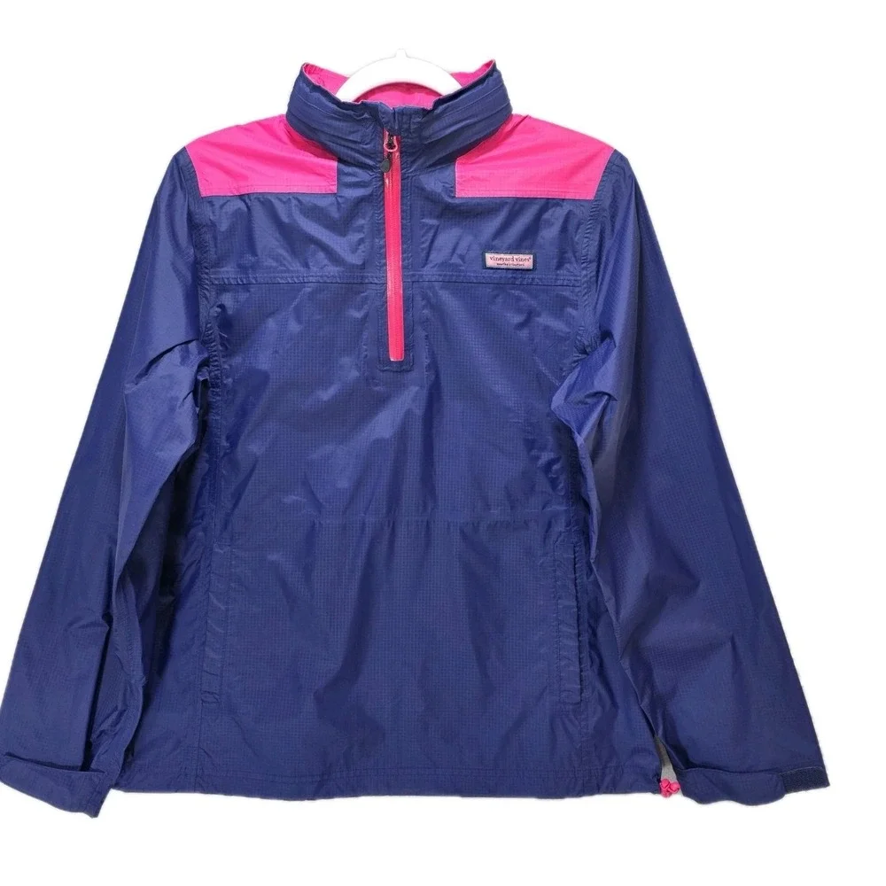 Vineyard Vines Rain Jacket Womens‎ Small Windbreaker Qtr Zip Hide Away Hood Blue